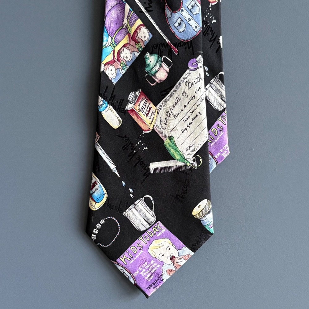 Nicole Miller 1995 Baby Theme Silk Tie | Black Novelty Graphic | Vintage